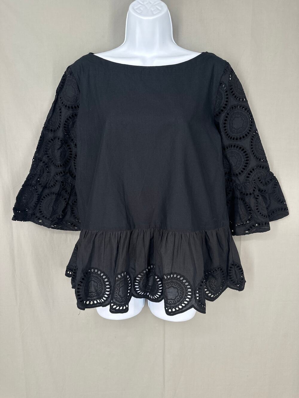 Loft Top Womens Small Black Eyelet Ruffle Boho Cottage Witchy Cotton Bohemian